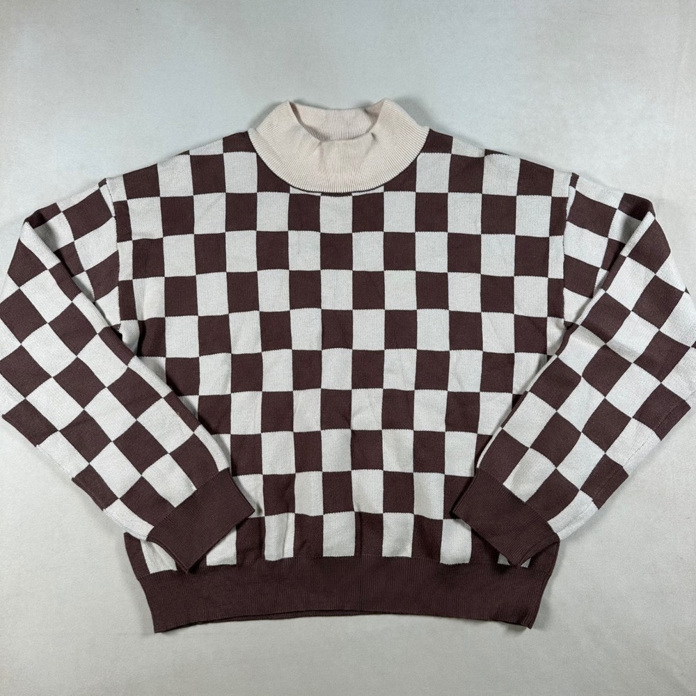 THML Checkered Sweater Women's L Brown Cream Mock Neck Retro Knit Pullover NWT